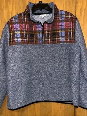 Vera Bradley Blue Textured Teddy Bear Pullover with Plaid Yoke L/XL